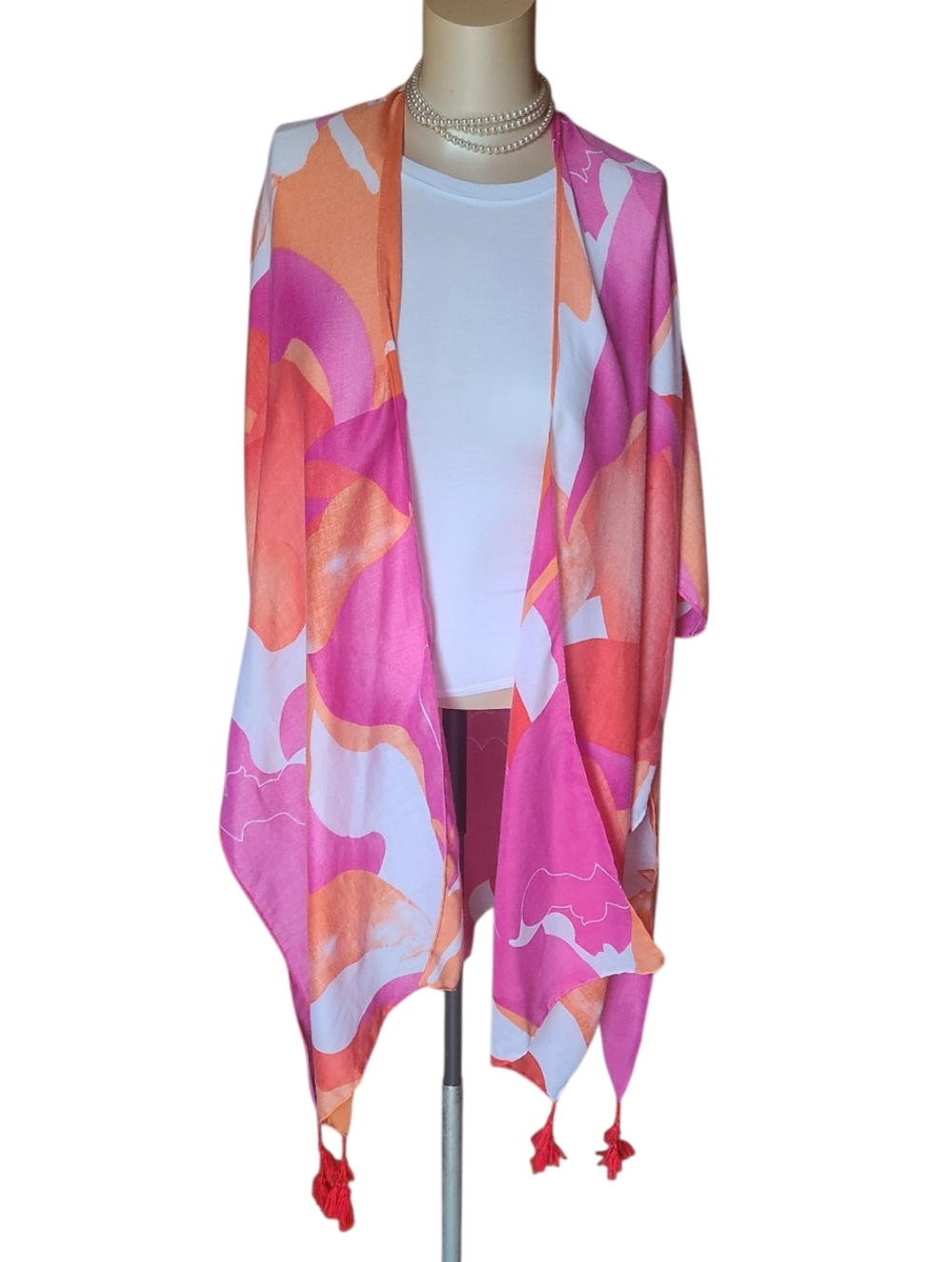 Do Everything in Love Abstract Kimono Tassel Trim Pink Orange Boho OS